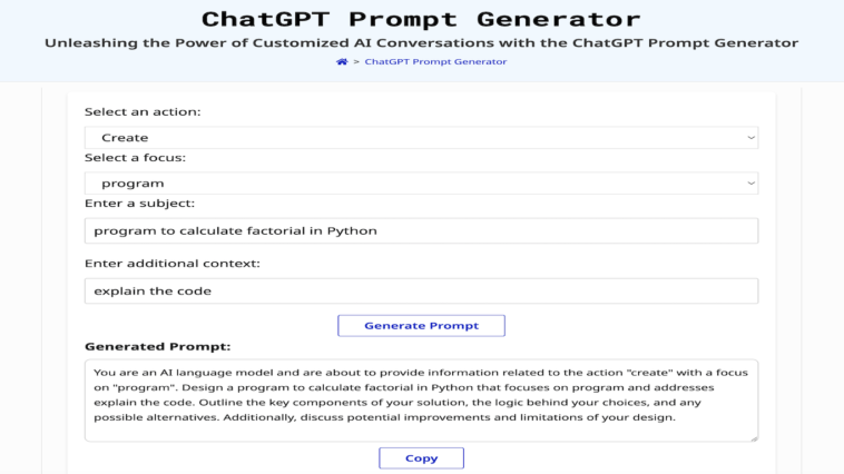 ChatGPT Prompt Generator AI tool.