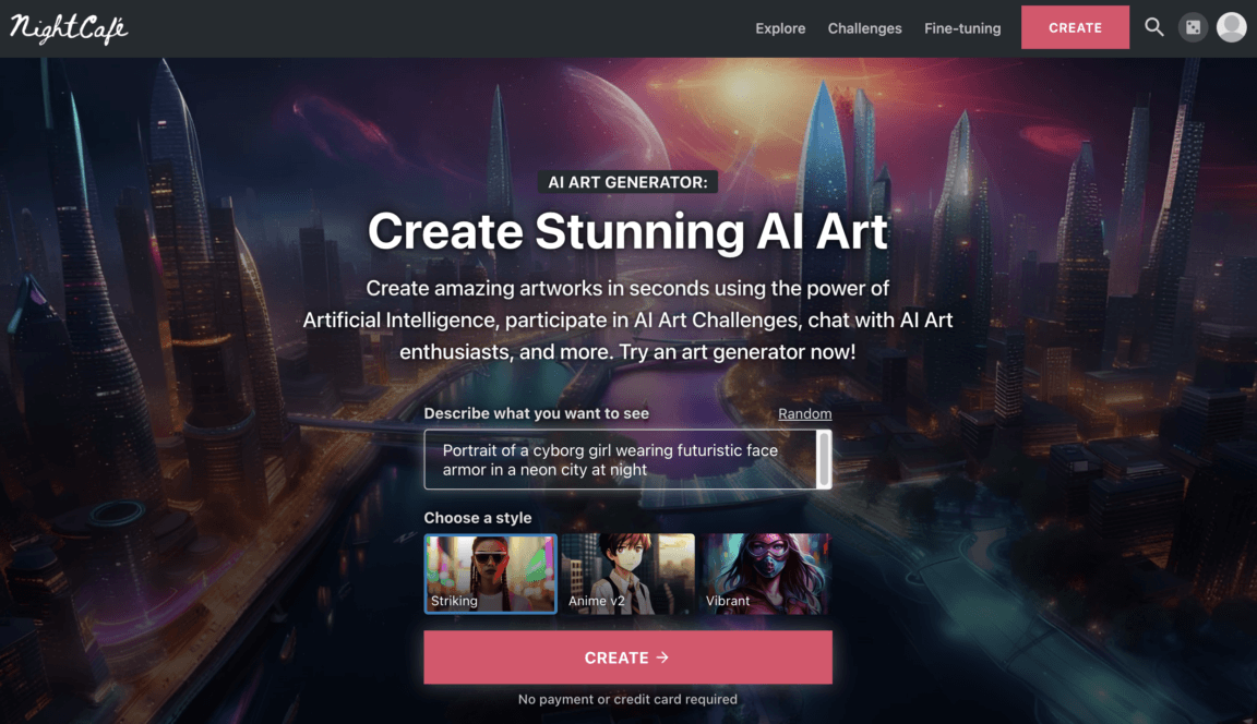 Nightcafe image generation AI tool.