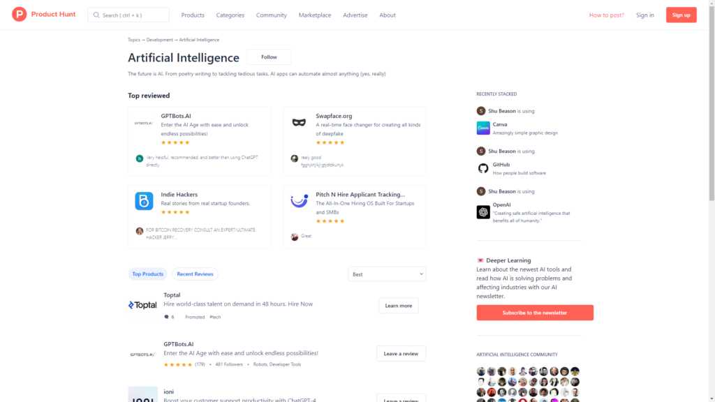 Product Hunt, best AI Tools Directory.
