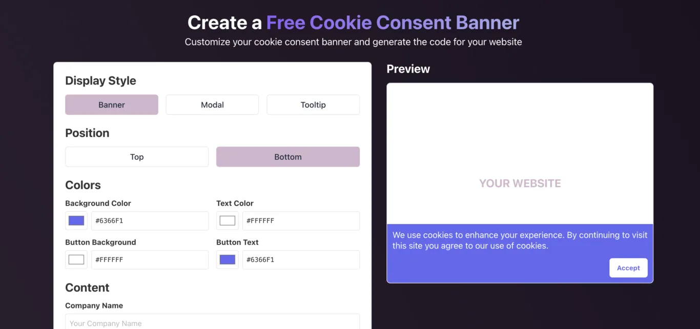 Screenshot of a free cookie consent banner generator tool, showcasing the banner design and customization options available.