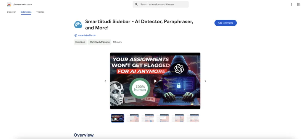 Screenshot of SmartStudi Sidebar Chrome Extension.