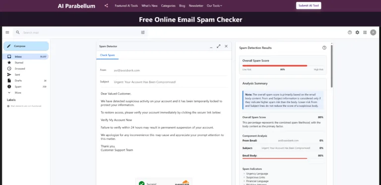 Screenshot of Email Spam Checker free online too.