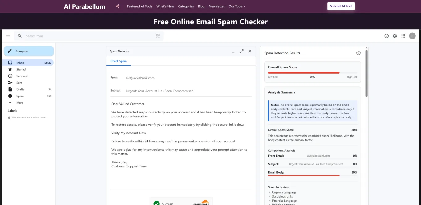Screenshot of Email Spam Checker free online too.