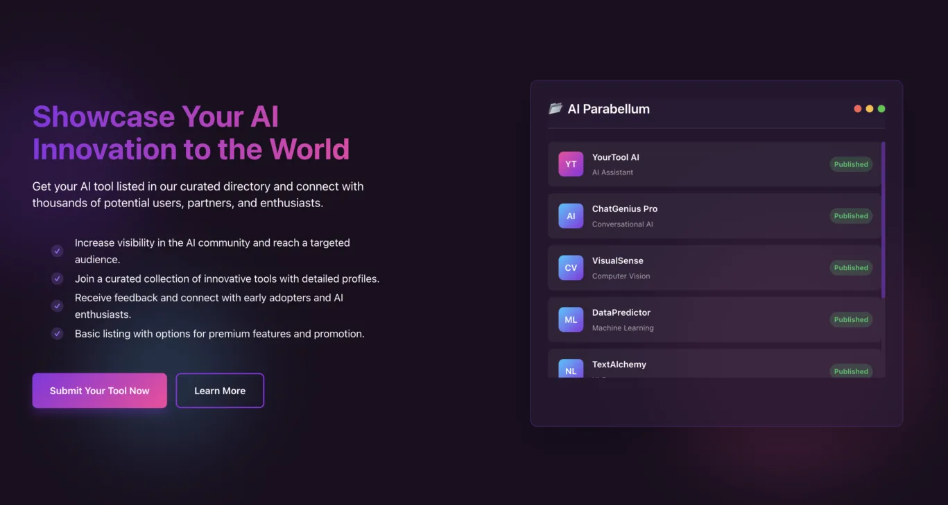 AI tool dashboard interface showing key features and user analytics visualization.