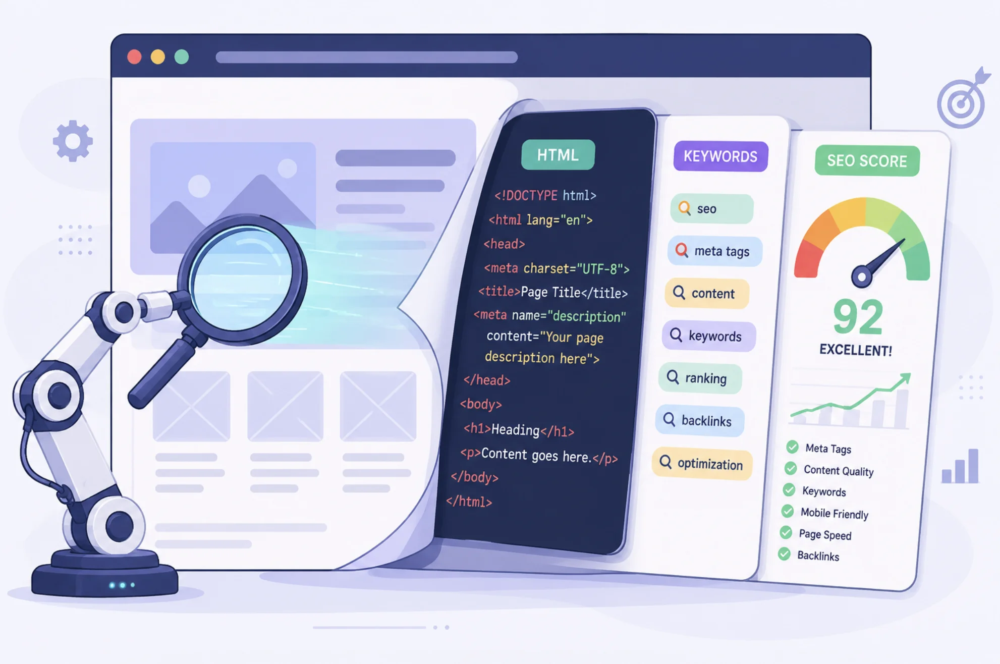 Flat illustration of a robotic magnifying glass scanning a webpage wireframe, with layers peeling back to reveal HTML code, keyword tags, and a rising score gauge.