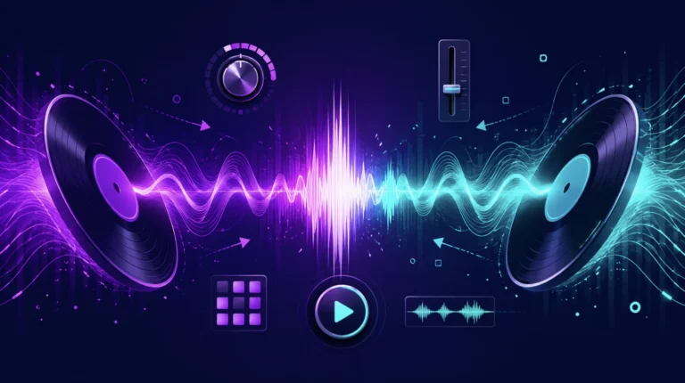 Two vinyl records merge sound waves with neon DJ controls on dark background