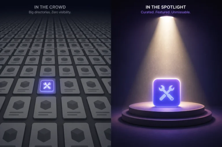 A tiny glowing tool icon lost in a vast grid of identical gray cards on one side; the same icon alone in a bright spotlight on a small stage on the other, showing curated visibility beating crowd size.