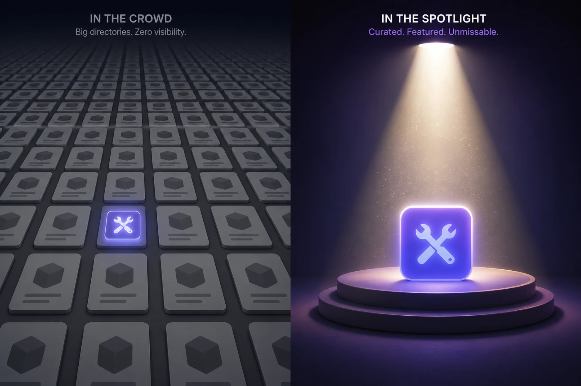 A tiny glowing tool icon lost in a vast grid of identical gray cards on one side; the same icon alone in a bright spotlight on a small stage on the other, showing curated visibility beating crowd size.