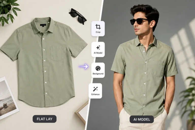 A split-screen transformation: a plain flat-lay shirt on one side becomes an AI model wearing it in a studio scene on the other, with small editing tool icons floating between the two halves.