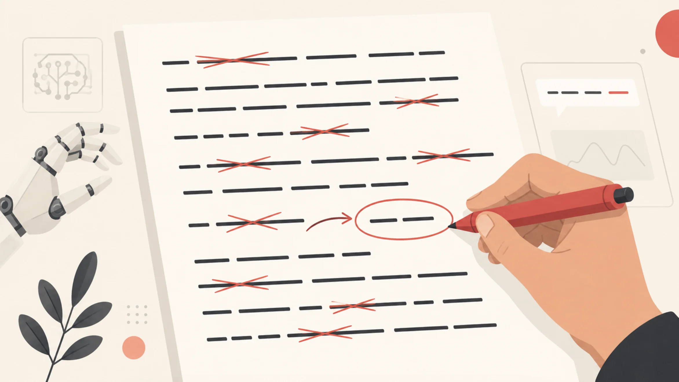 Flat editorial illustration, a printed page of AI-generated text filled with oversized em dashes, a human hand with a red pen crossing most of them out, one struck-through phrase being rewritten shorter, subtle robot hand in the background, off-white background, dark charcoal text, coral red accents, minimalist, clean vector style, wide 16:9 blog header composition, no words legible except dashes and edit marks