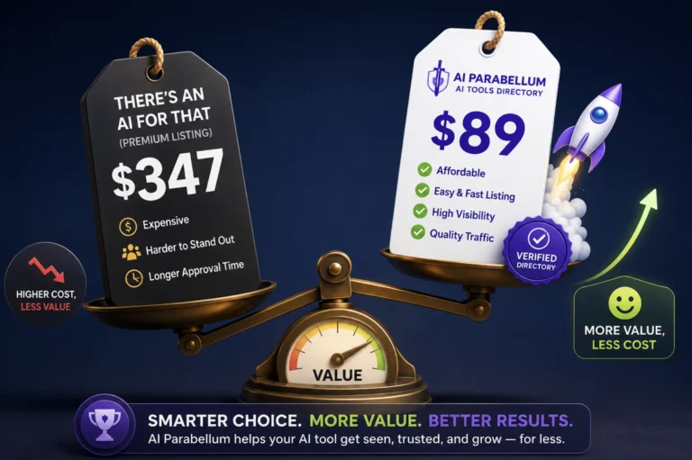 Two price tags side by side on a balance scale: a heavy $347 tag outweighed by a light $89 tag with a verified badge and rocket, showing the smaller directory delivering more value for less.
