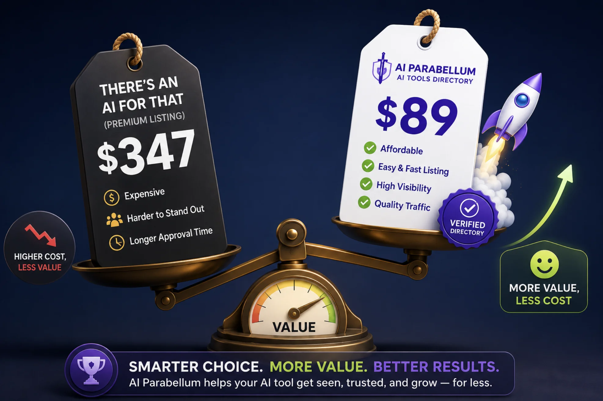 Two price tags side by side on a balance scale: a heavy $347 tag outweighed by a light $89 tag with a verified badge and rocket, showing the smaller directory delivering more value for less.