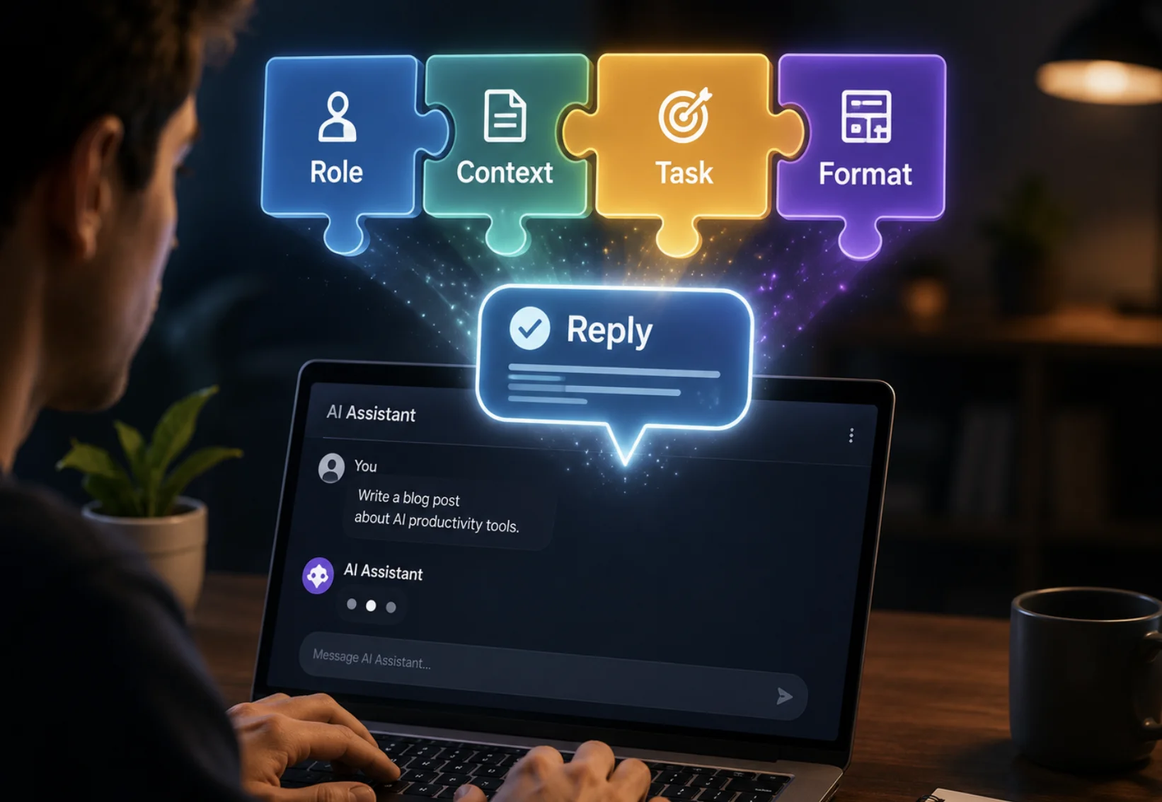 A person typing at a laptop with an AI chat window on screen, and four puzzle pieces labeled Role, Context, Task, and Format snapping together above the keyboard to form a glowing reply bubble.