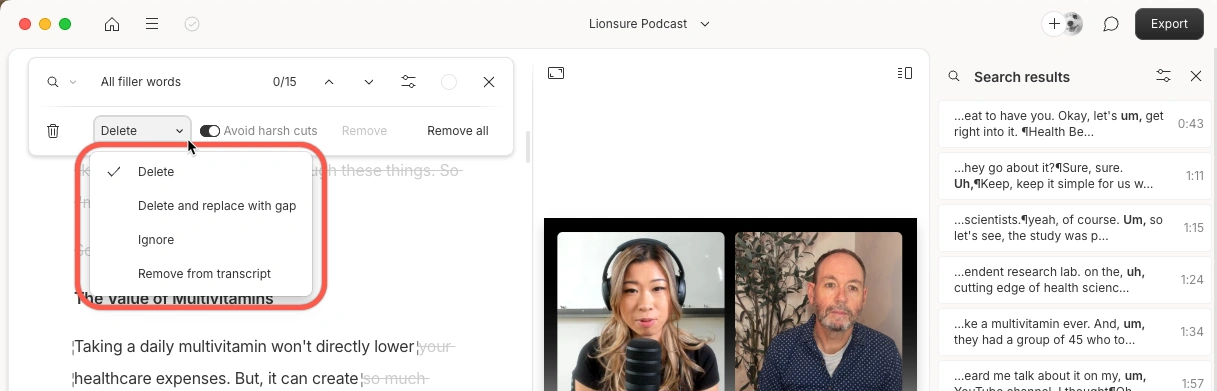 Descript filler-word menu showing Delete, Ignore, and Remove from transcript