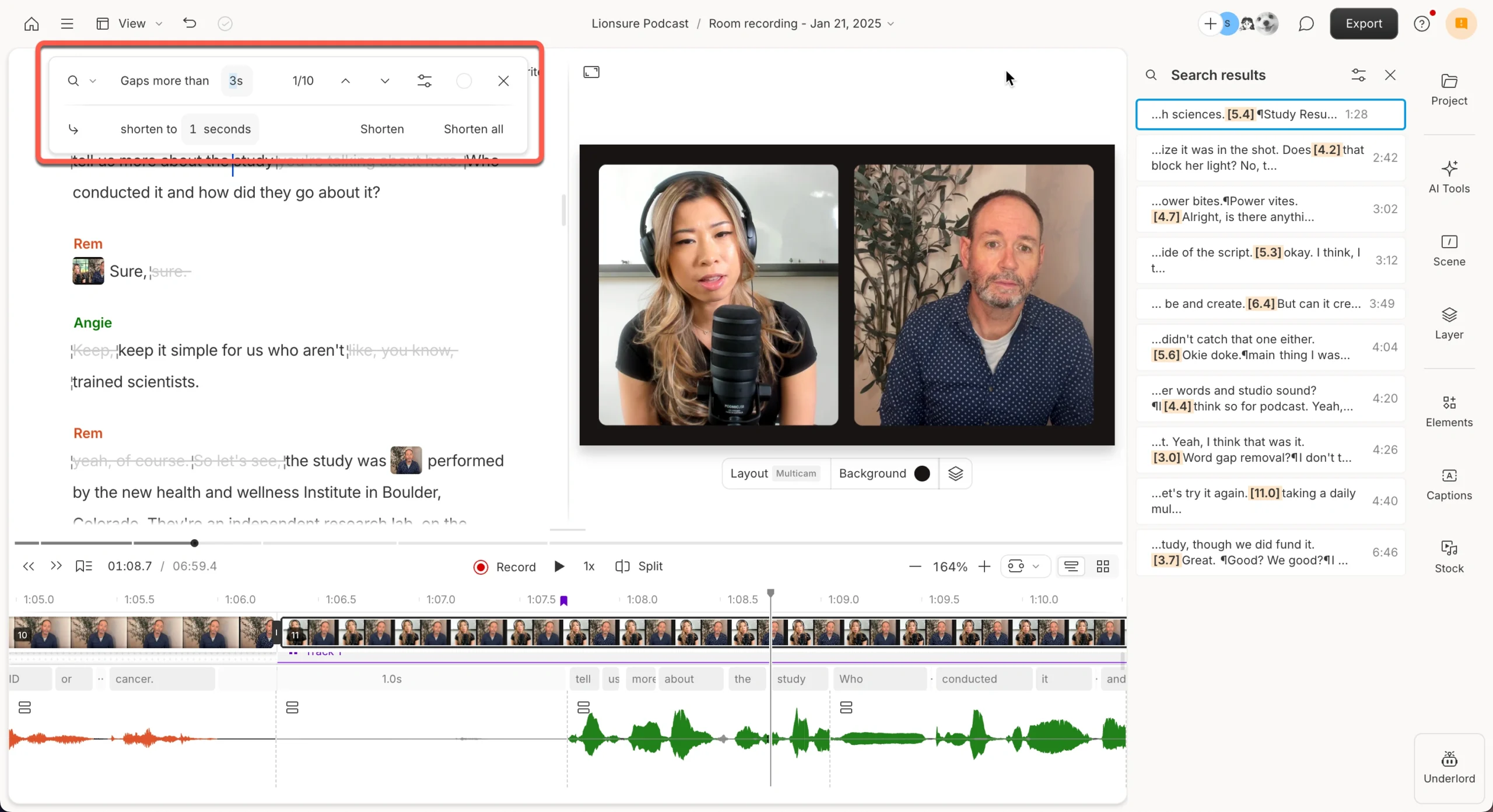 Descript controls to shorten gaps longer than three seconds to one second