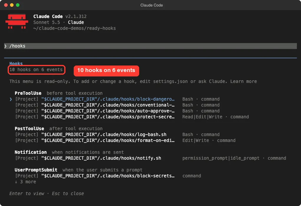 Claude Code hooks menu listing ten hooks across six events including PreToolUse, PostToolUse, Notification and UserPromptSubmit