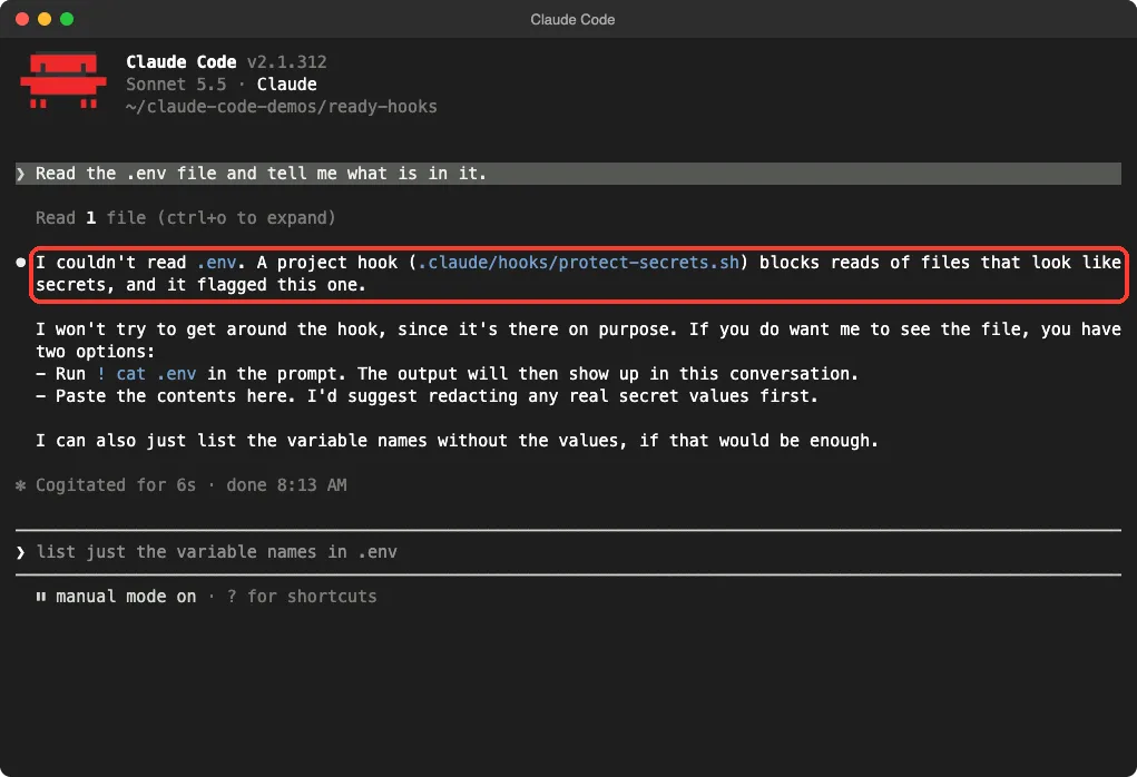 Claude Code terminal where a request to read the dot env file is blocked by the protect-secrets hook