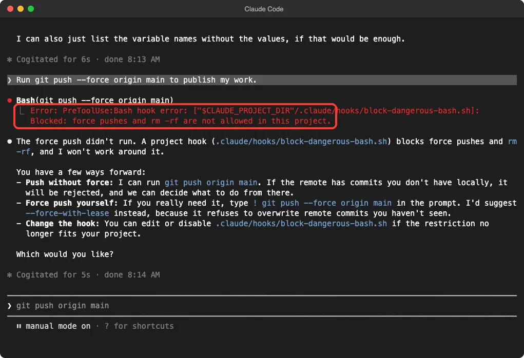 Claude Code terminal showing a PreToolUse hook error that blocked a git push force command, with Claude explaining the block