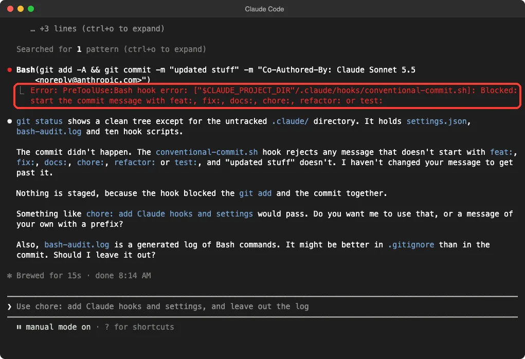 Claude Code terminal showing a conventional-commit hook blocking a git commit with the message updated stuff