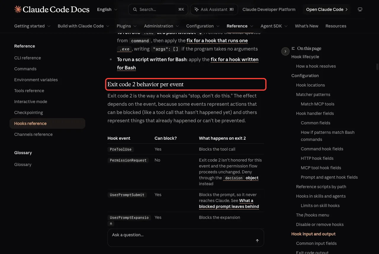 Official Claude Code hooks reference with the section on exit code 2 behavior per event highlighted in red