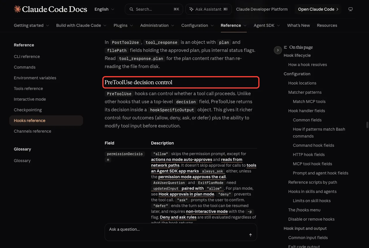 Official Claude Code hooks reference with the PreToolUse decision control section highlighted in red