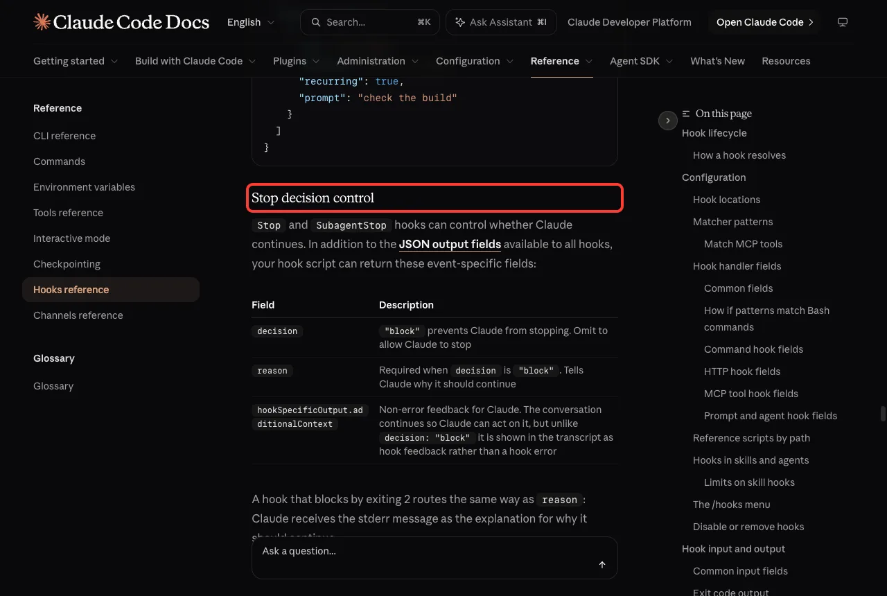 Official Claude Code hooks reference with the Stop decision control section highlighted in red