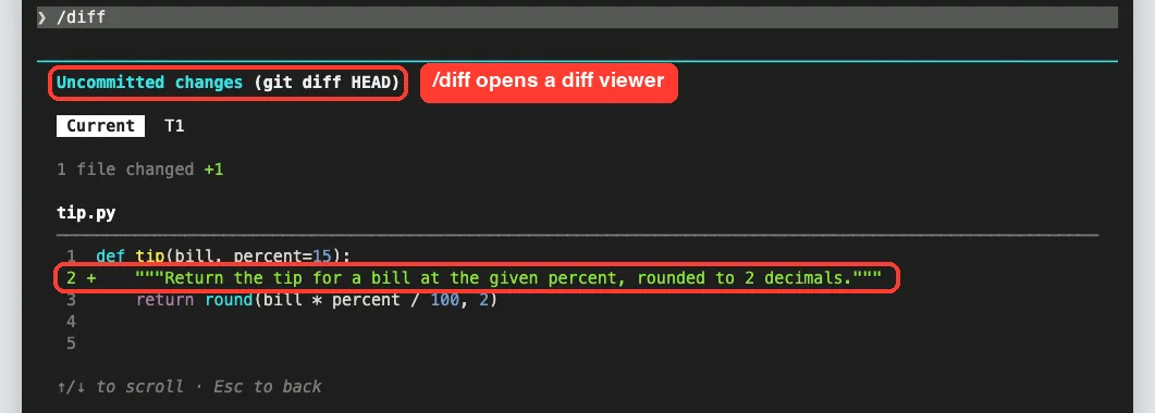 Claude Code /diff viewer showing one added docstring line in tip.py