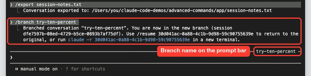 Claude Code /branch output with resume instructions and the branch name on the prompt bar