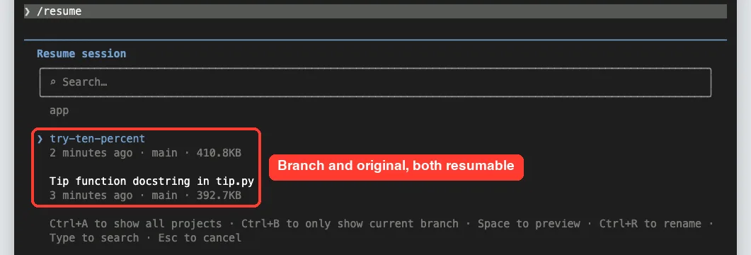 Claude Code resume picker listing the branched session and the original session