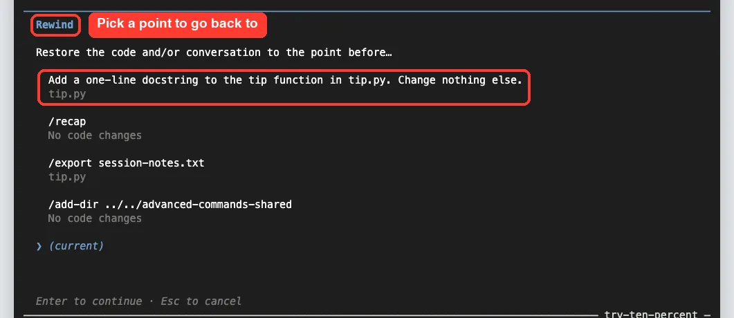 Claude Code /rewind menu listing earlier prompts as restore points