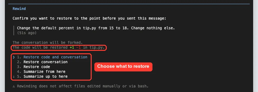 Claude Code rewind confirmation with restore code and conversation options