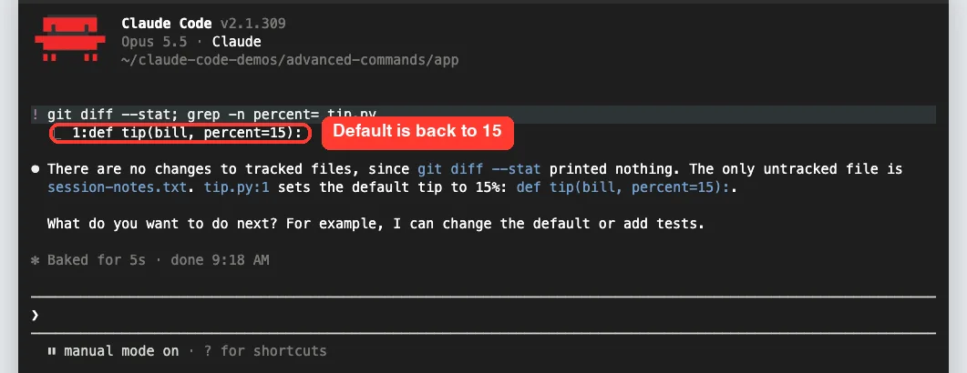 Shell check in Claude Code showing tip.py default percent restored to 15