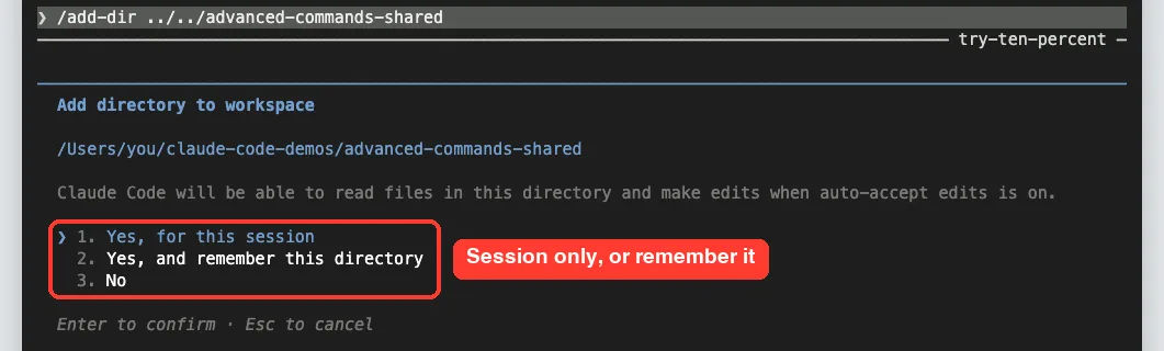Claude Code Add directory to workspace dialog with session and remember options