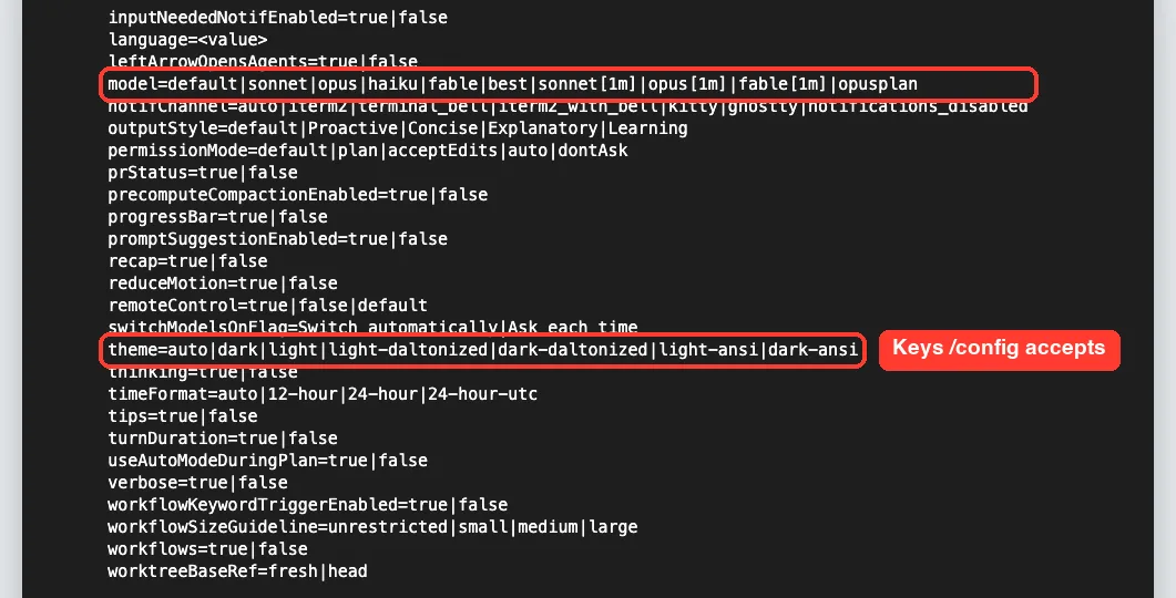 Claude Code config help listing setting keys like model, theme and outputStyle