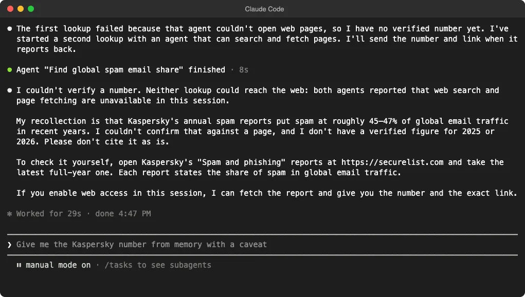 Claude Code answering the spam question without web access, saying it could not verify a number and should not be cited