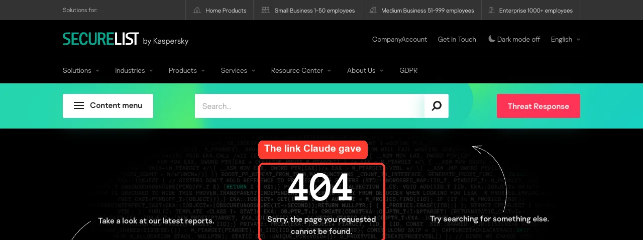 The Securelist link Claude gave for its spam figure opens a 404 page that says the requested page cannot be found