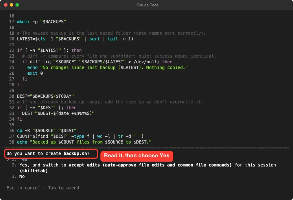 Claude Code showing the end of the backup script with line numbers and the question Do you want to create backup.sh with three answer choices, the question highlighted