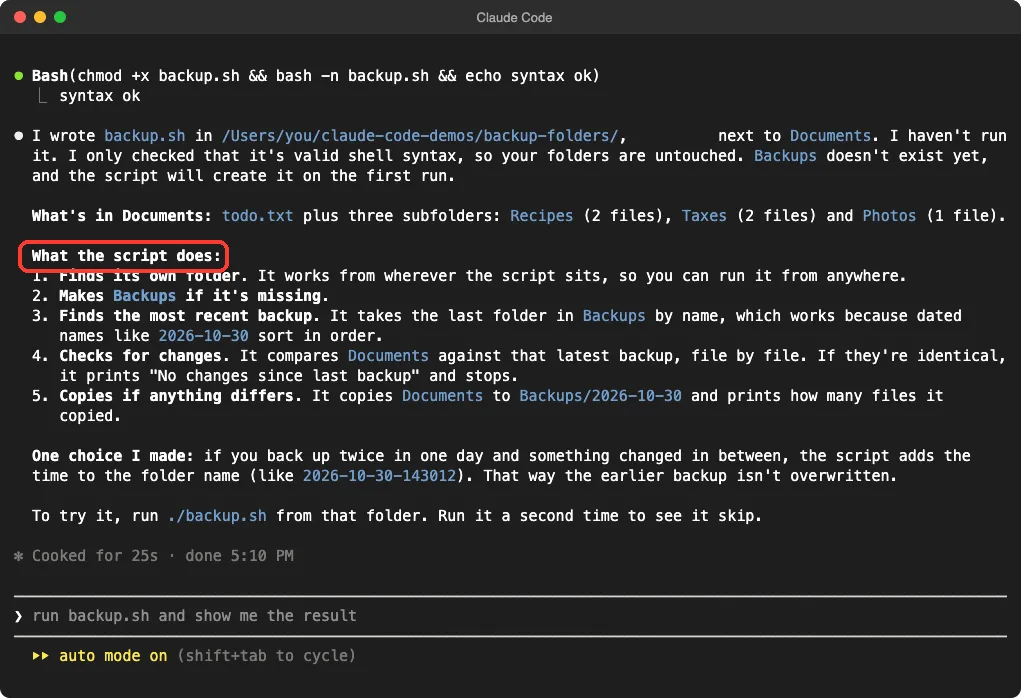 Claude Code explaining that it wrote backup.sh but has not run it, followed by five numbered steps describing what the script does, with the heading highlighted