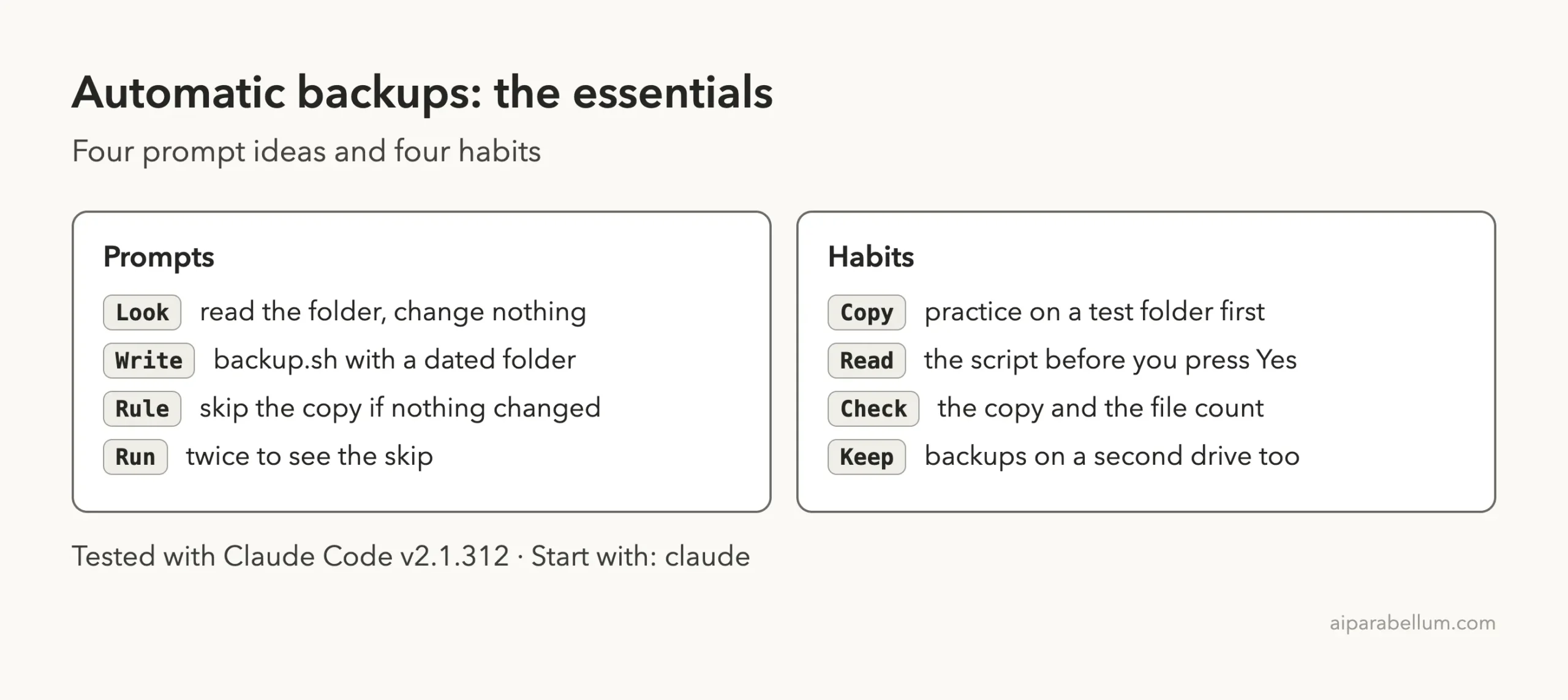 Cheat sheet card with four prompt ideas to look, write, set a rule and run twice, and four habits to practice, read, check and keep a second copy