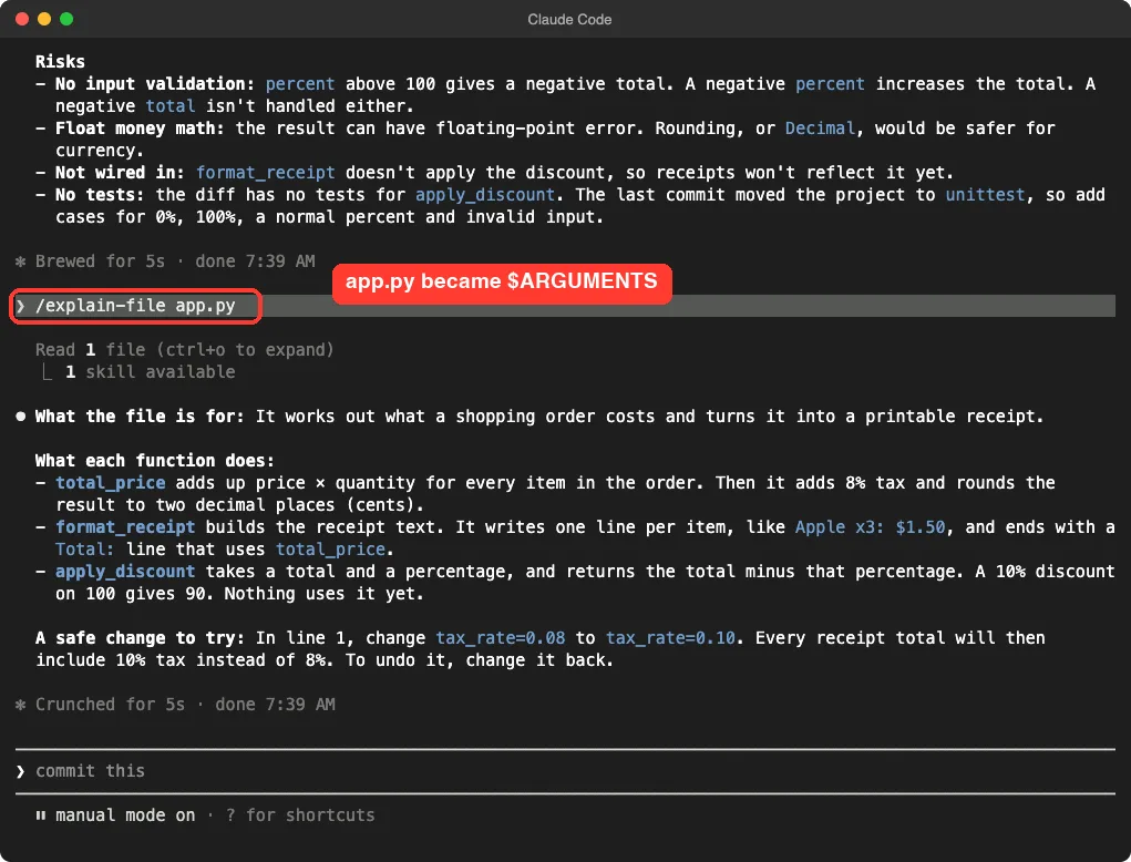 Claude Code running the explain-file skill with app.py as the argument