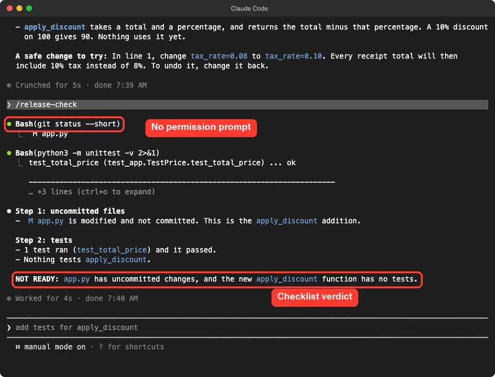 Claude Code running the release-check skill, with commands run without a prompt and a NOT READY verdict