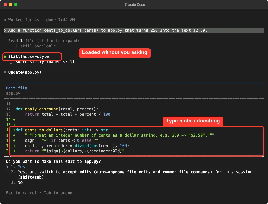 Claude Code loading the house-style skill automatically and proposing a function with type hints and a docstring