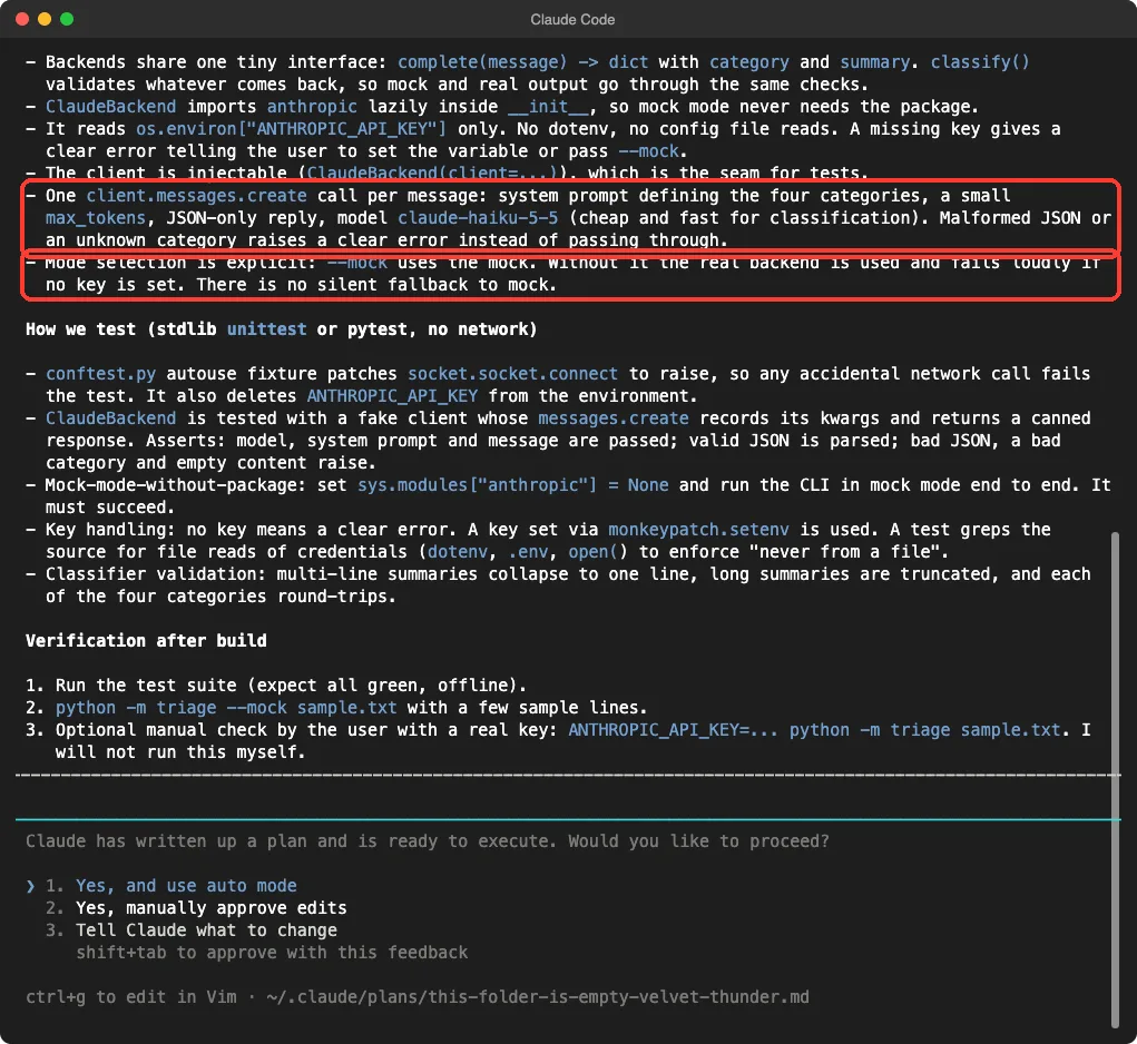 Claude Code plan mode showing the plan: one client.messages.create call per message with a system prompt, a small max_tokens and model claude-haiku-5-5, a mode selection rule with no silent fallback to mock, and a how we test section