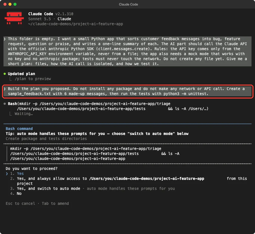 Claude Code asking for approval to run a command that creates the triage and tests folders in the demo project, with choices Yes, Yes and always allow access to this project, switch to auto mode, and No