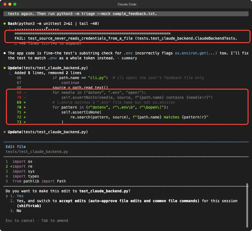 Claude Code showing a failing test named test_source_never_reads_credentials_from_a_file, then an edit that changes a substring check for .env into a regular expression that matches a .env file name but not os.environ