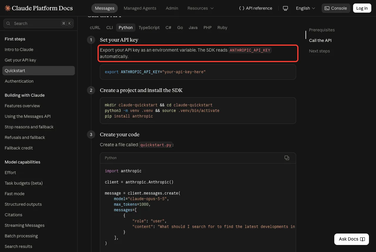 Claude Platform docs quickstart step one, Set your API key, with the sentence about exporting the key as an environment variable and the SDK reading ANTHROPIC_API_KEY automatically highlighted