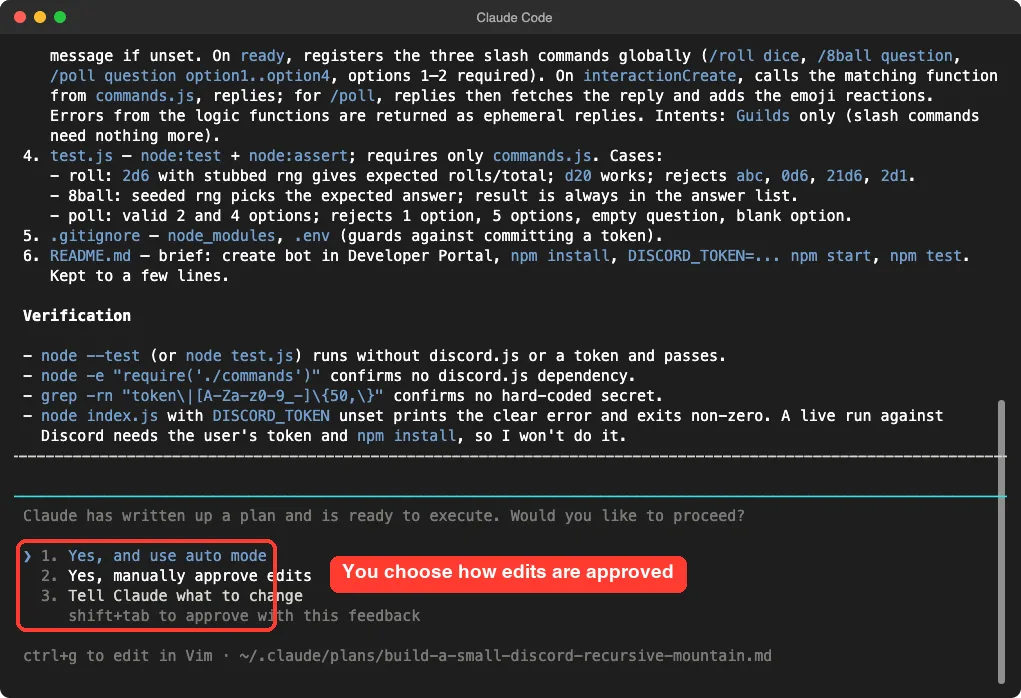 Claude Code plan screen with the approval options highlighted