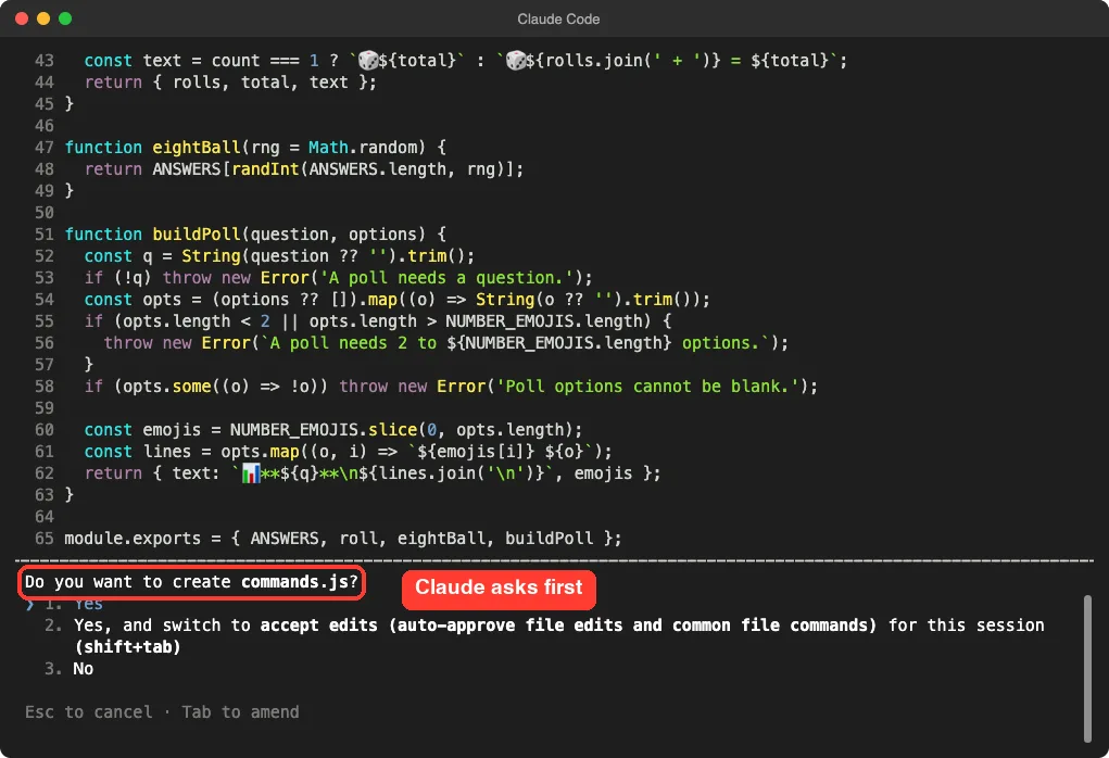 Claude Code asking whether to create commands.js with the question highlighted