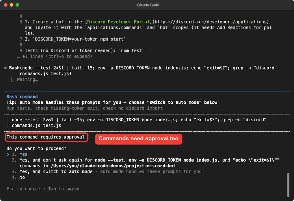 Claude Code asking for approval to run a Bash command with the notice highlighted