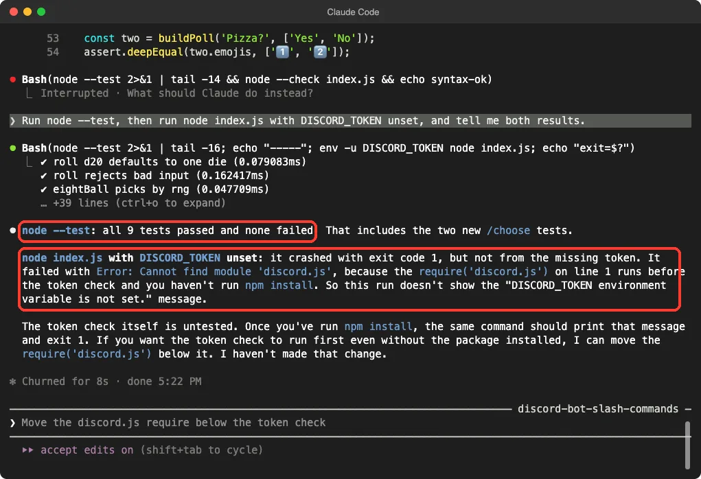 Claude Code reporting that 9 tests passed and that index.js crashed on the missing discord.js module before checking the token